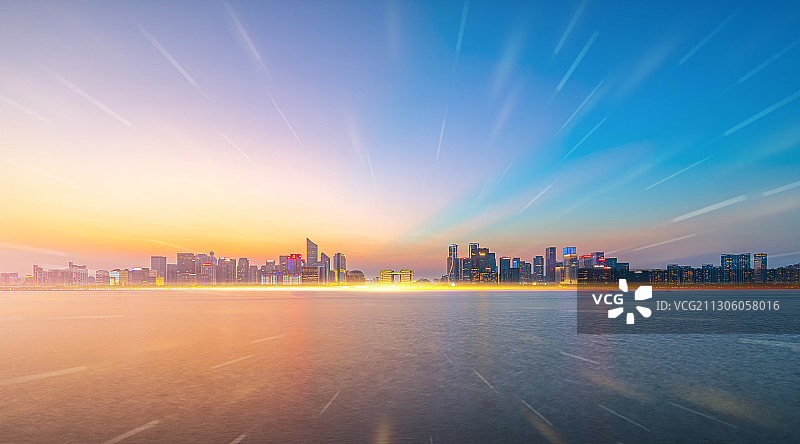 杭州钱塘新城城市天际线建筑科技聚焦光效图片素材