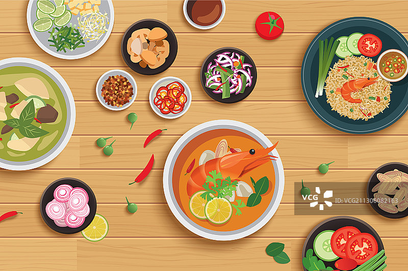 木制背景上的泰国食物和食材图片素材
