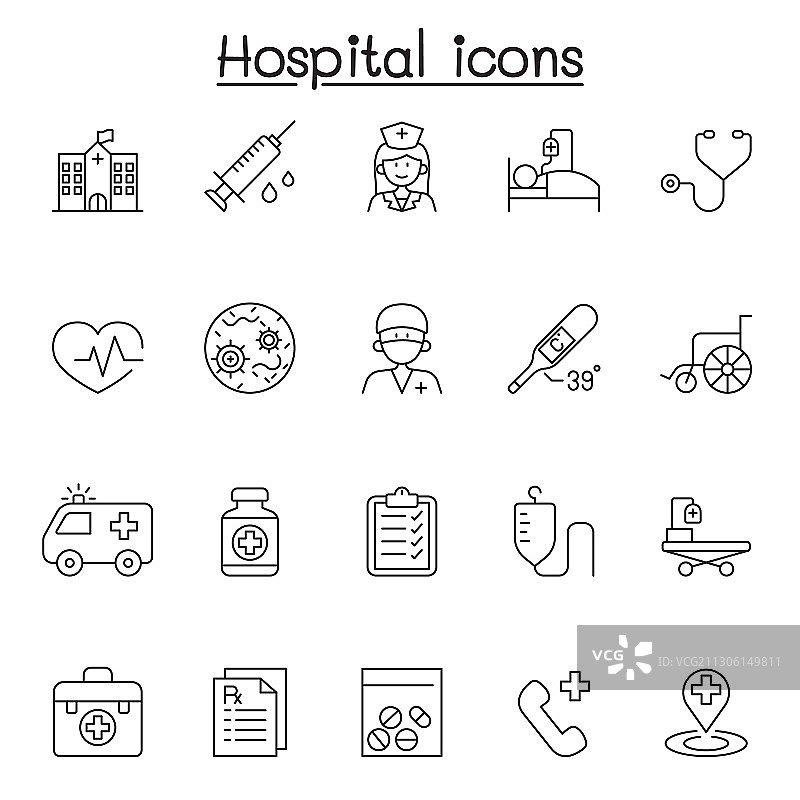 细线风格的医院图标集图片素材