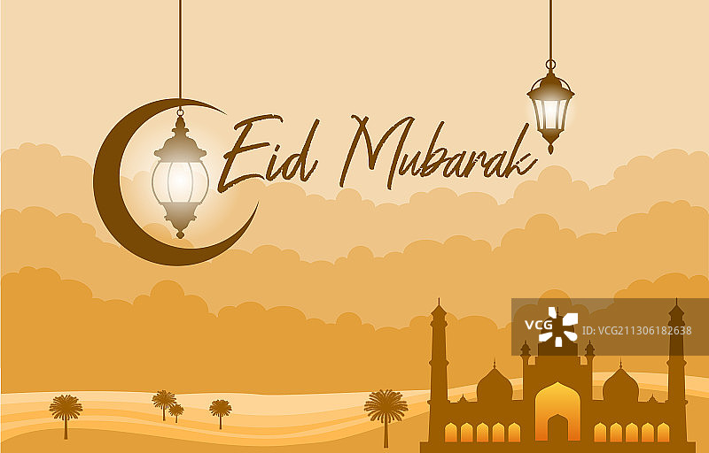 沙漠中的清真寺，配有枣椰树灯笼图片素材