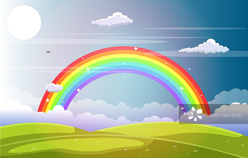 绿草山坡上的美丽彩虹天空图片素材