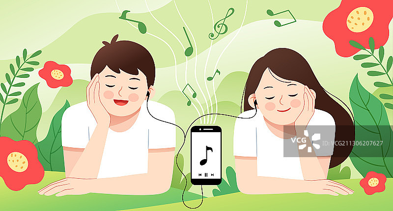 一对男女一起听音乐和花草背景图片素材