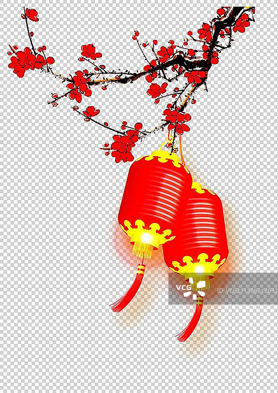 梅花树上挂着红灯笼图片素材