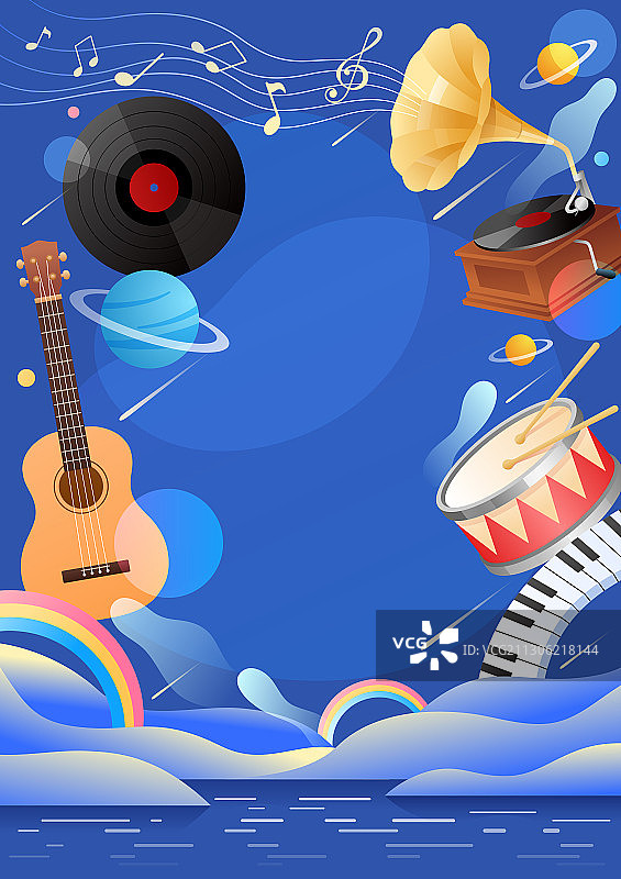 吉他鼓等乐器和留声机等音乐元素图片素材