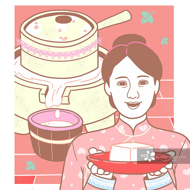 方粉红少女系年俗画-磨豆腐图片素材