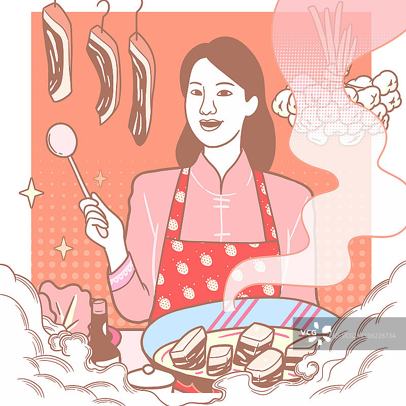 方粉红少女系年俗画-炖年肉图片素材