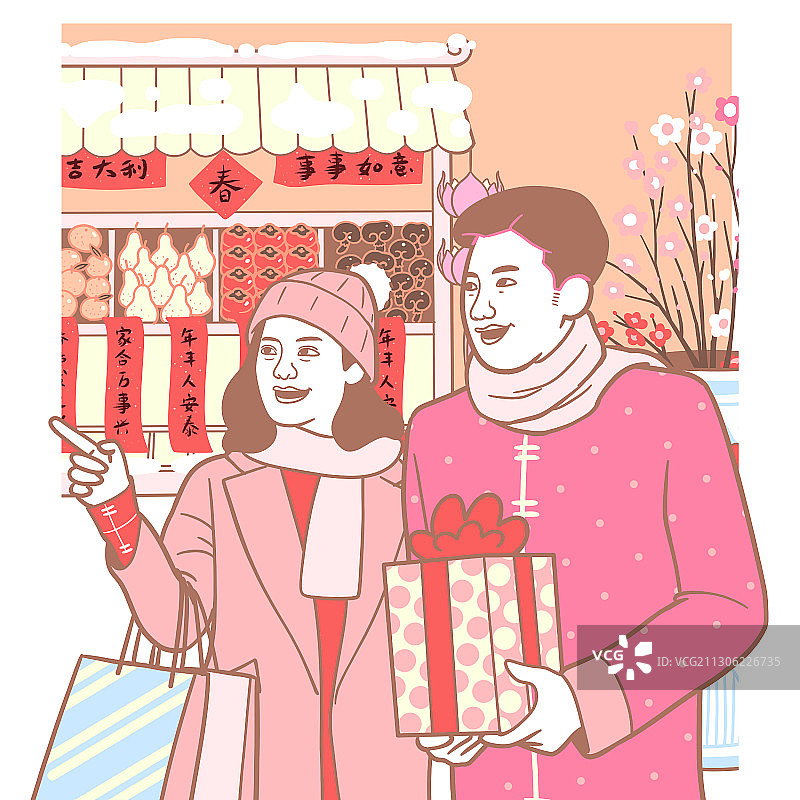 方粉红少女系年俗画-赶大集图片素材