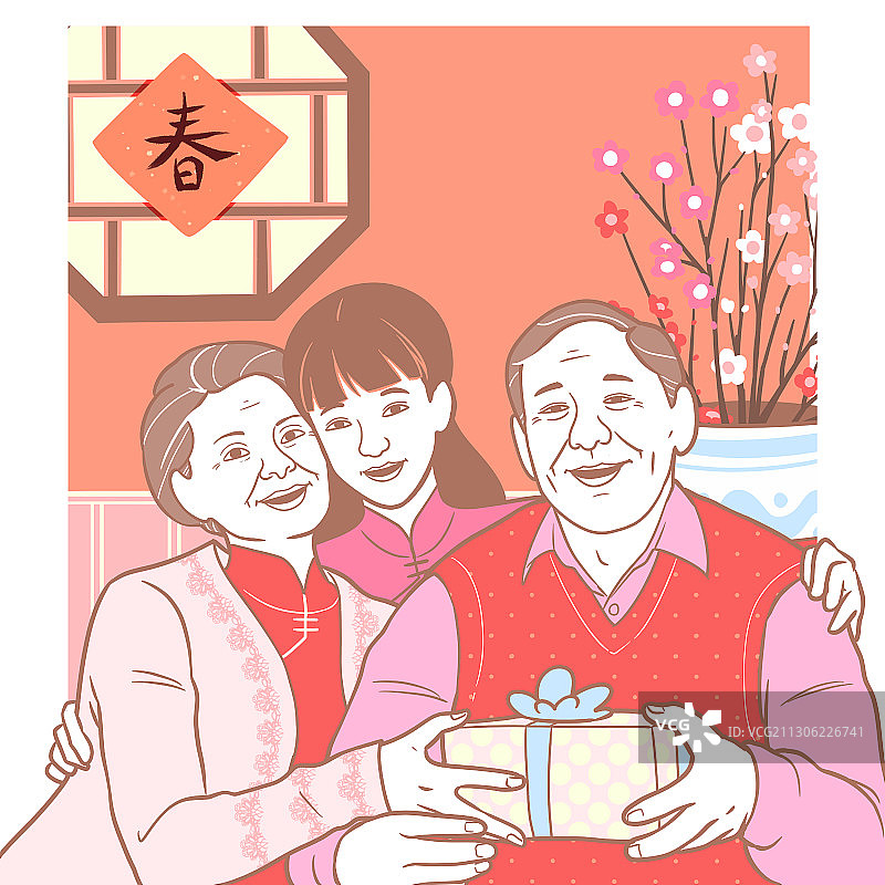 方粉红少女系年俗画-陪爸妈图片素材