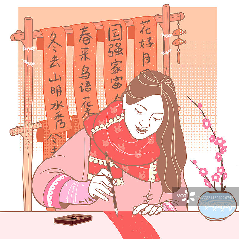 方粉红少女系年俗画-写春联图片素材