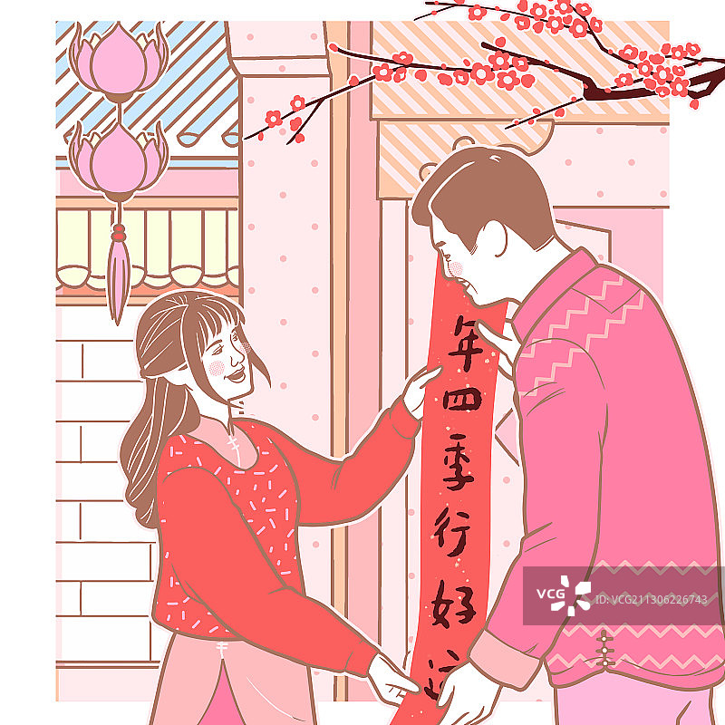 方粉红少女系年俗画-贴春联图片素材