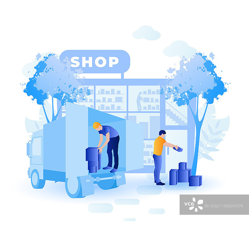 从送货卡车卸货到商店图片素材