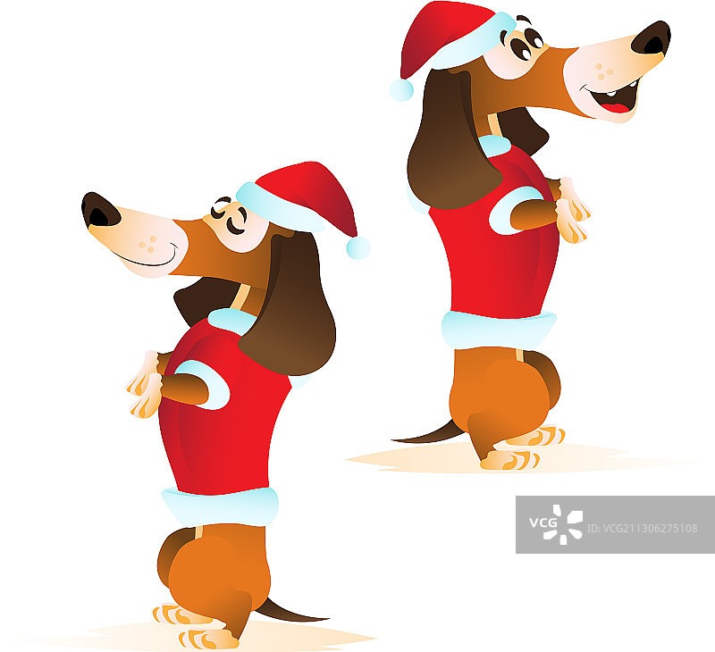 戴圣诞帽的卡通棕色腊肠犬图片素材