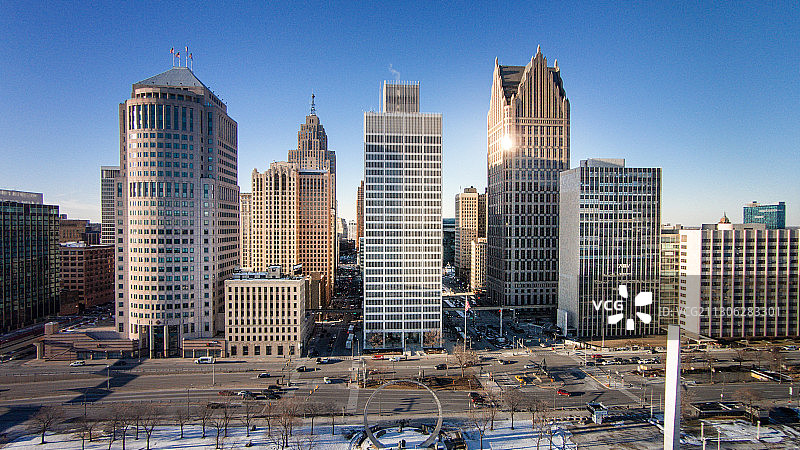 航拍美国汽车城密歇根州的城市底特律图片素材