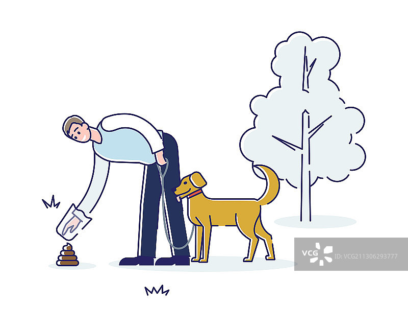 男人在公园遛狗时清理宠物粪便图片素材