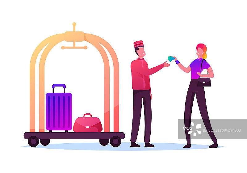 女游客向前来开门的门卫咨询旅游建议图片素材