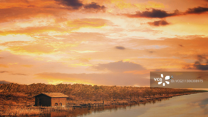 夏天崇明东滩湿地火烧云图片素材