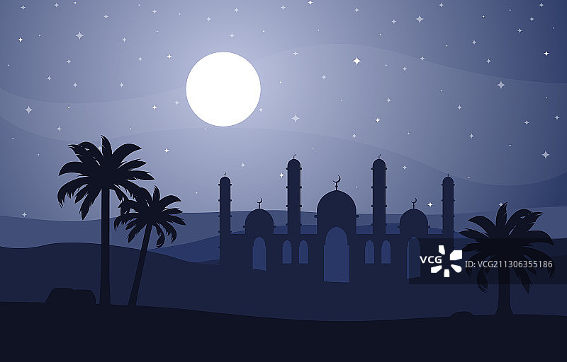 夜晚沙漠伊斯兰清真寺椰枣树图片素材