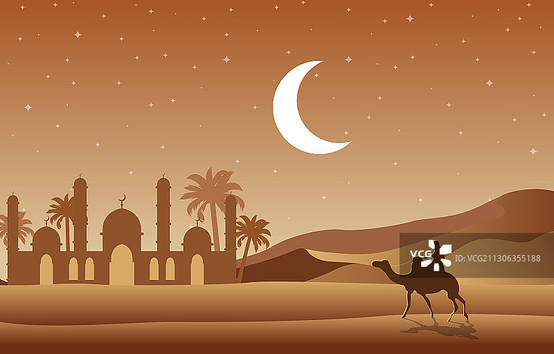 夜晚沙漠伊斯兰清真寺椰枣树图片素材