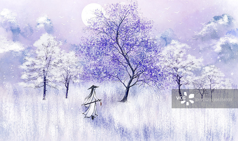 月下山谷中的剑客图片素材