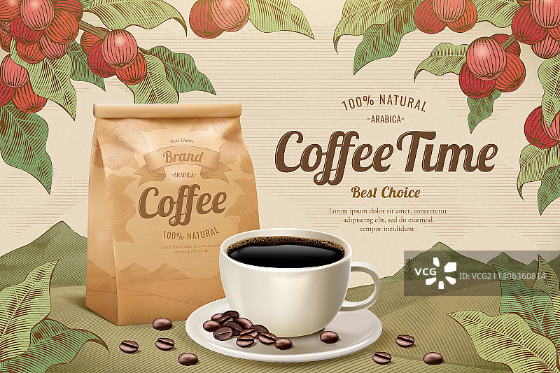 咖啡豆包装复古蚀刻风格广告图片素材