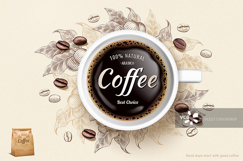 咖啡俯视图复古蚀刻风格广告图片素材