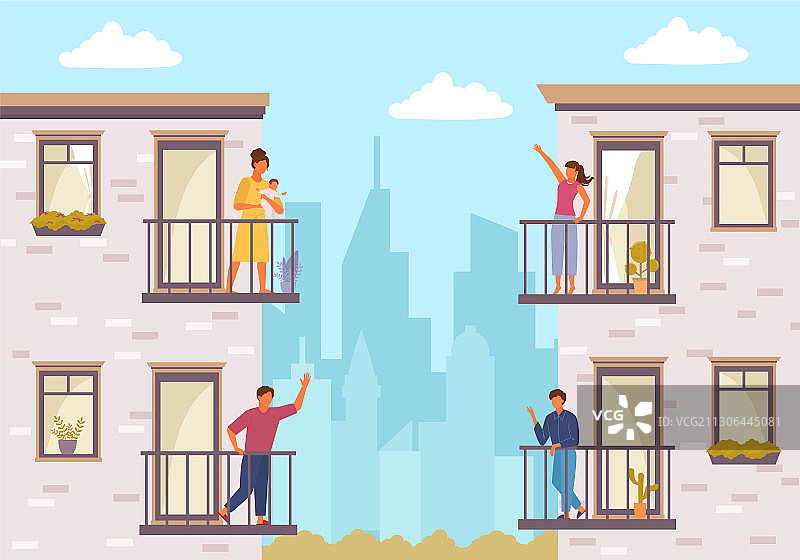 阳台上隔离的人们图片素材