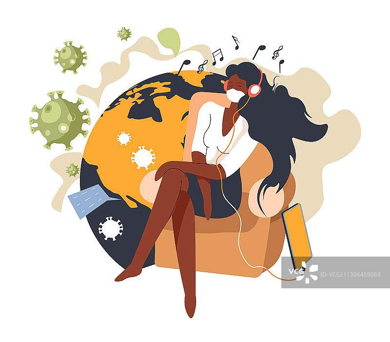 女性角色居家隔离，对抗新冠病毒图片素材