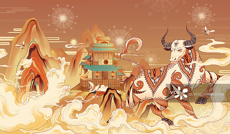 牛年中国风国潮山水插画图片素材