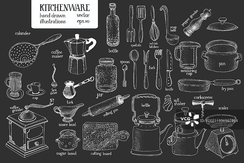 手绘粉笔厨房用具合集图片素材
