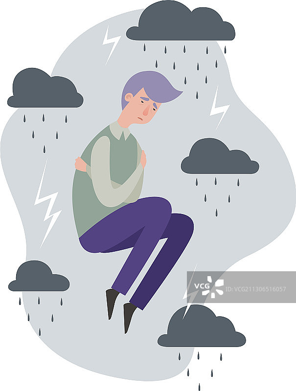抑郁症隐喻：悲伤的男人和灰色云彩图片素材