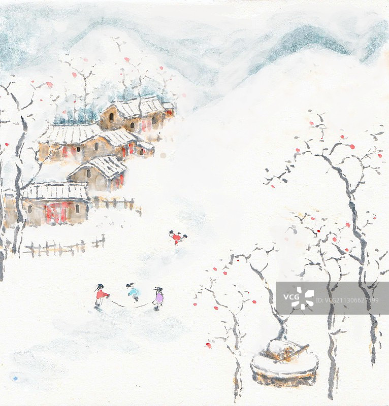 手绘水墨雪景插画图片素材