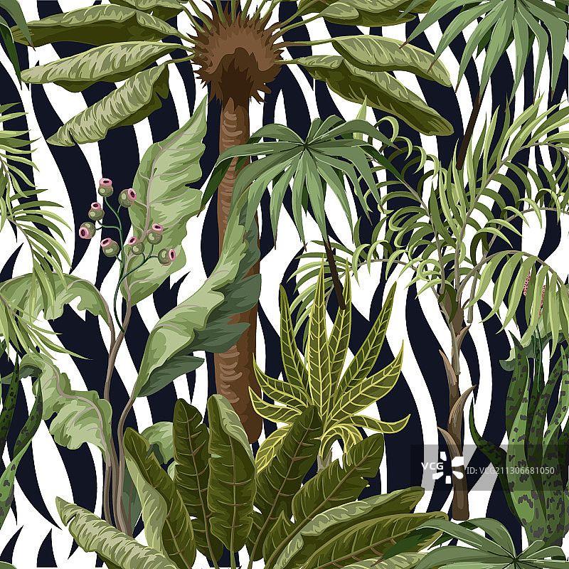带有热带树叶的无缝斑马纹图案图片素材