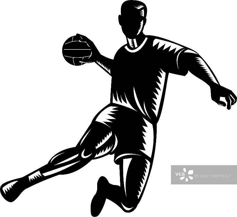 手球队员跳跃得分木刻版画图片素材