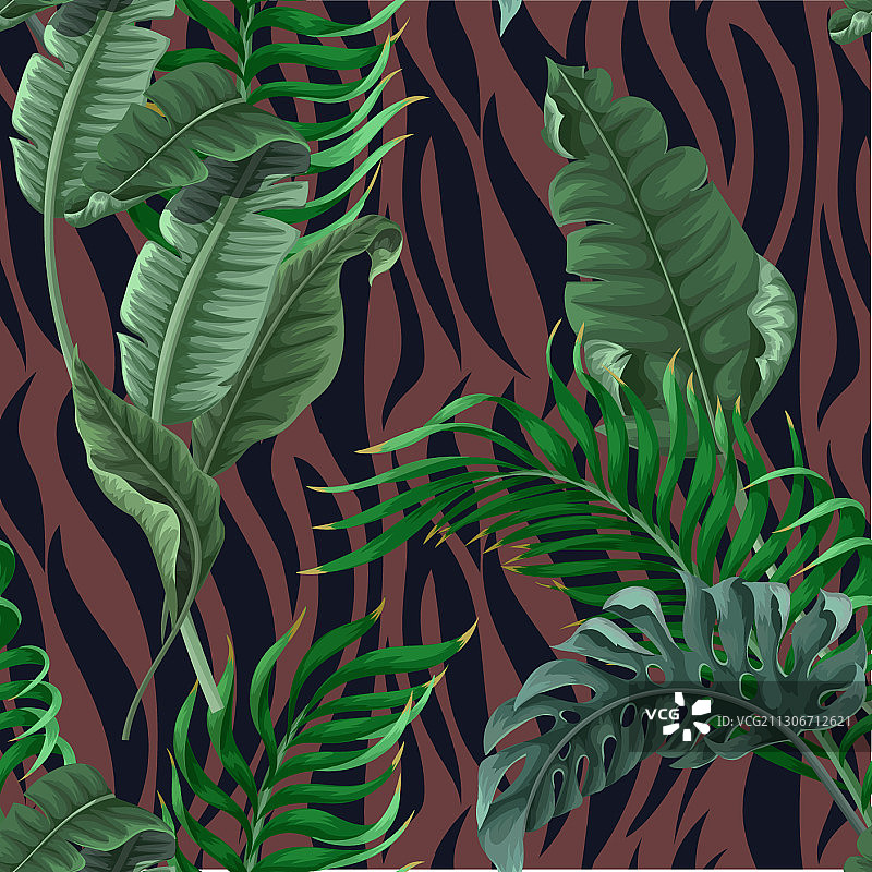 带有热带树叶的无缝斑马纹图案图片素材