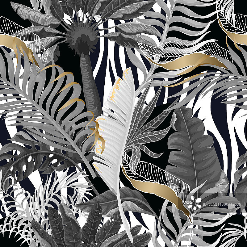 带有热带树叶的无缝斑马纹图案图片素材
