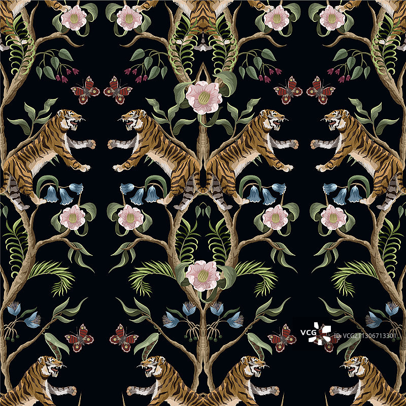 牡丹花丛与老虎无缝图案图片素材