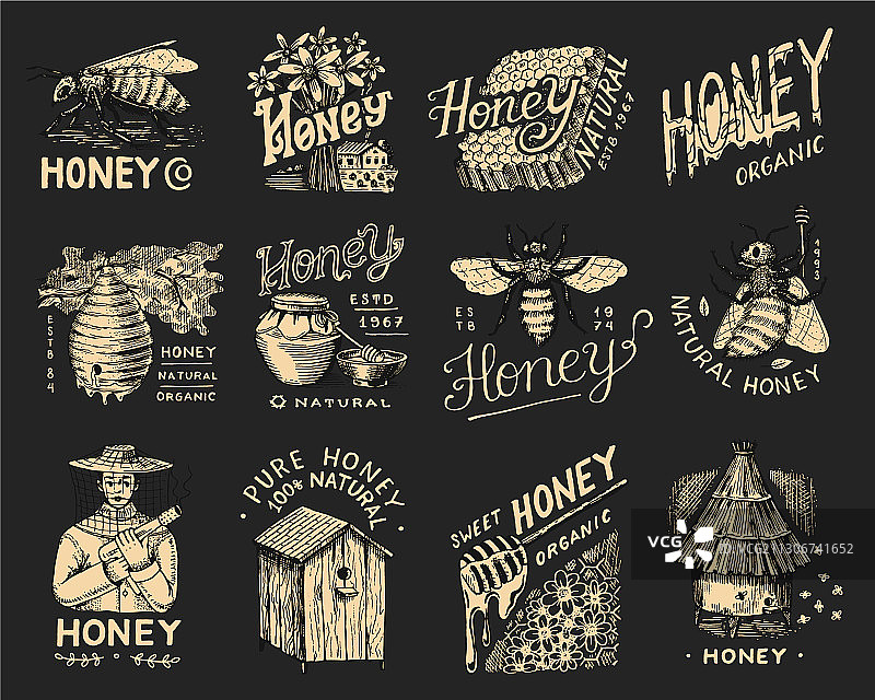 蜂蜜和蜜蜂套装：养蜂人和蜂巢图片素材