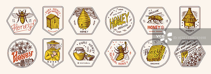 蜂蜜和蜜蜂贴纸套装及养蜂人图片素材