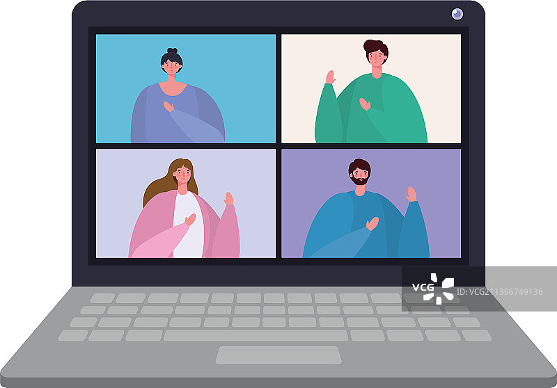在视频聊天会议中使用笔记本电脑的人物头像图片素材