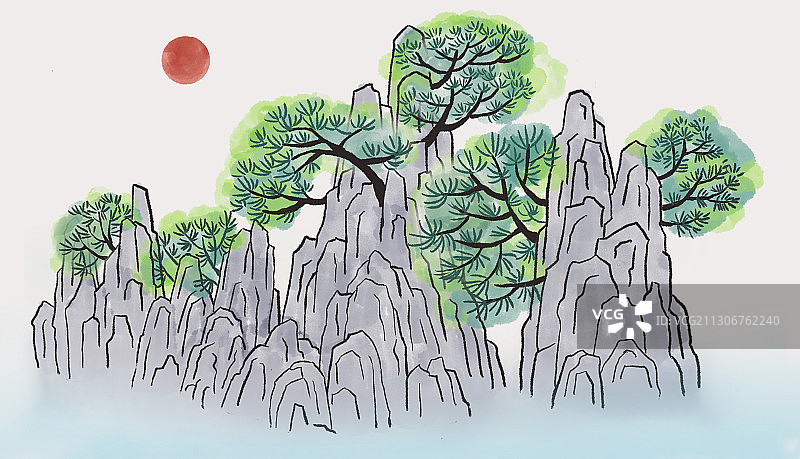山水和松树的水墨线条背景画图片素材