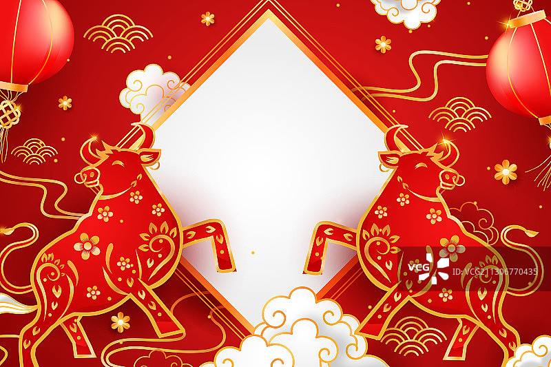 卡通新年春节牛年吉祥物2021年喜庆除夕剪纸中国风矢量插画图片素材