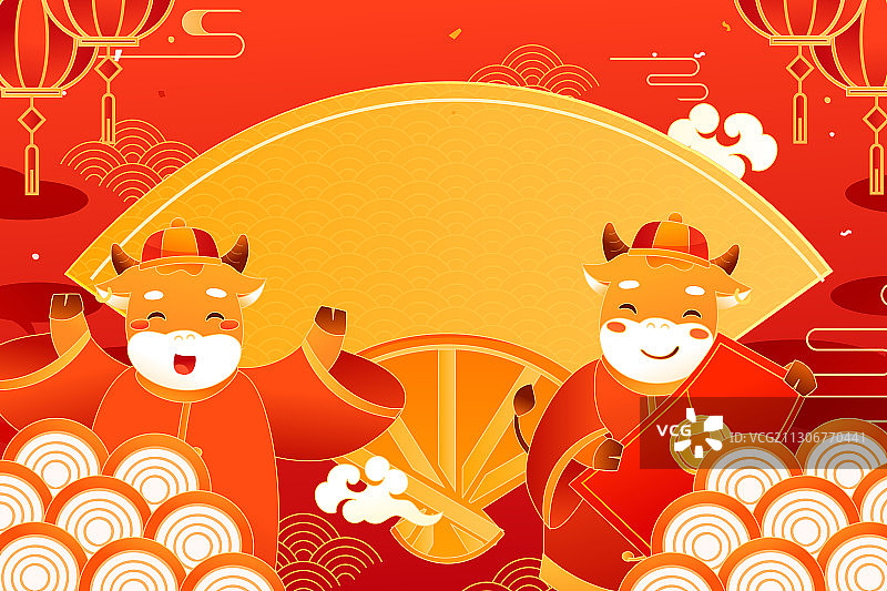 卡通新年春节牛年吉祥物2021年喜庆除夕剪纸中国风矢量插画图片素材