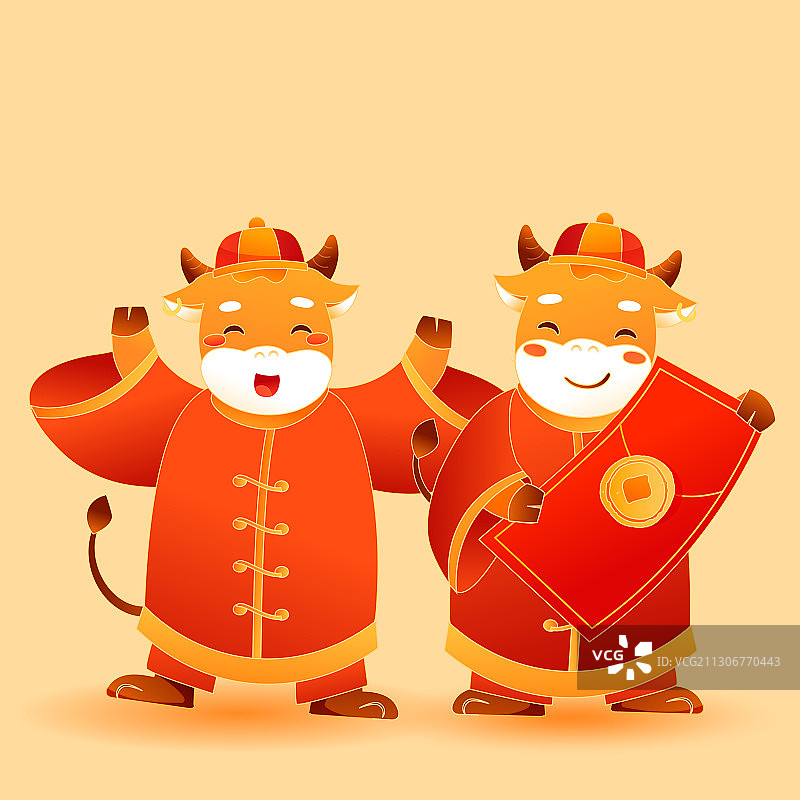 卡通新年春节牛年吉祥物2021年喜庆除夕剪纸中国风矢量插画图片素材