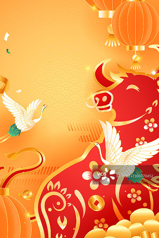 卡通新年春节牛年吉祥物2021年喜庆除夕剪纸中国风矢量插画图片素材