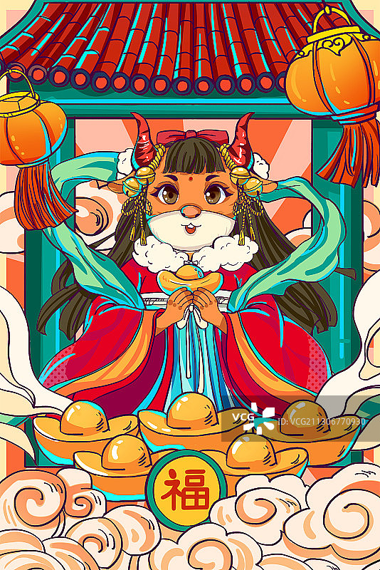 牛年国潮喜庆新年插画图片素材