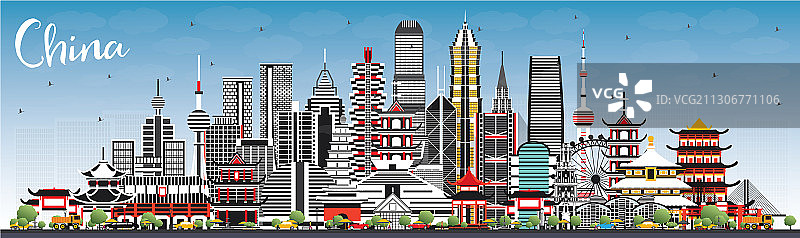 中国城市天际线（灰色建筑和蓝色）图片素材