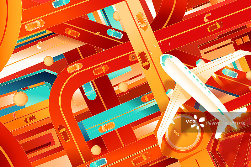 卡通新年春节元旦除夕跨年春运交通运输顶视艺术字中国风矢量插画图片素材