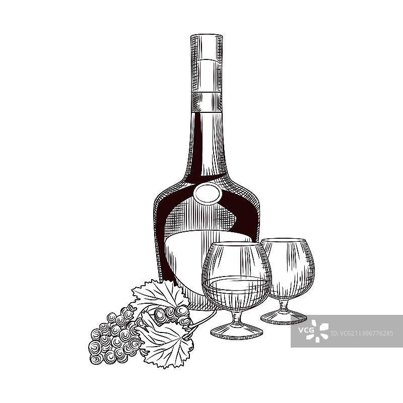 手绘干邑酒瓶和葡萄图片素材