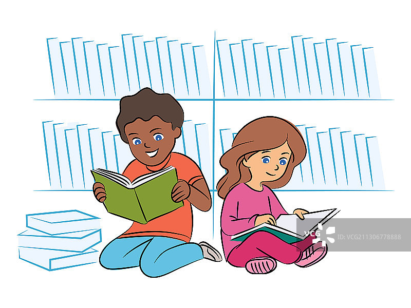 在图书馆地板上阅读书籍的儿童图片素材