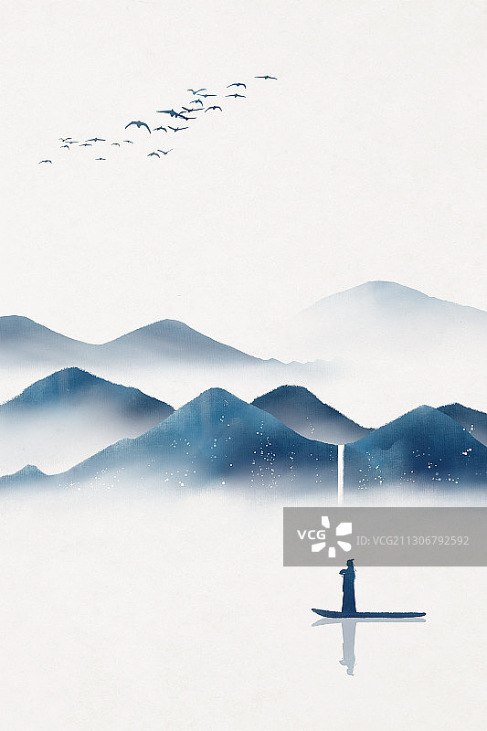 蓝色山水古风人物插画图片素材